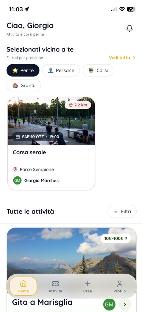 Feed BePart con attività e corsi vicino a te
